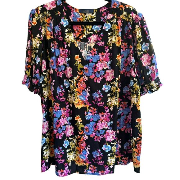 Rachel Roy Women's Brightly Colored Floral Short Sleeve V Neck Blouse - Picture 1 of 4